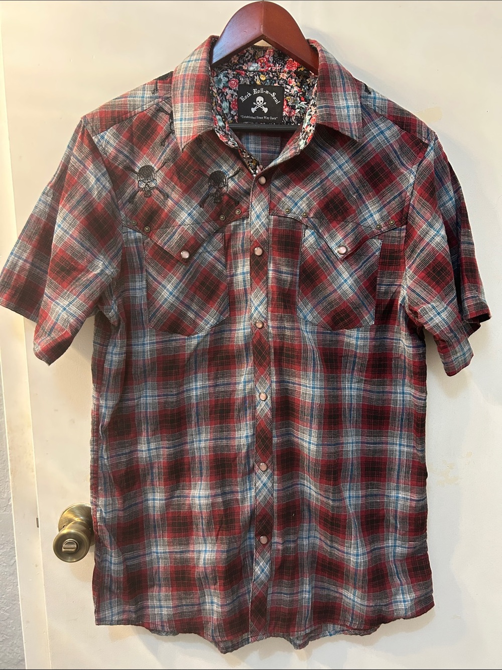 ROCK ROLL-N-SOUL Men's Short Sleeve Red Plaid SNAP Button-Up Shirt, Sz L